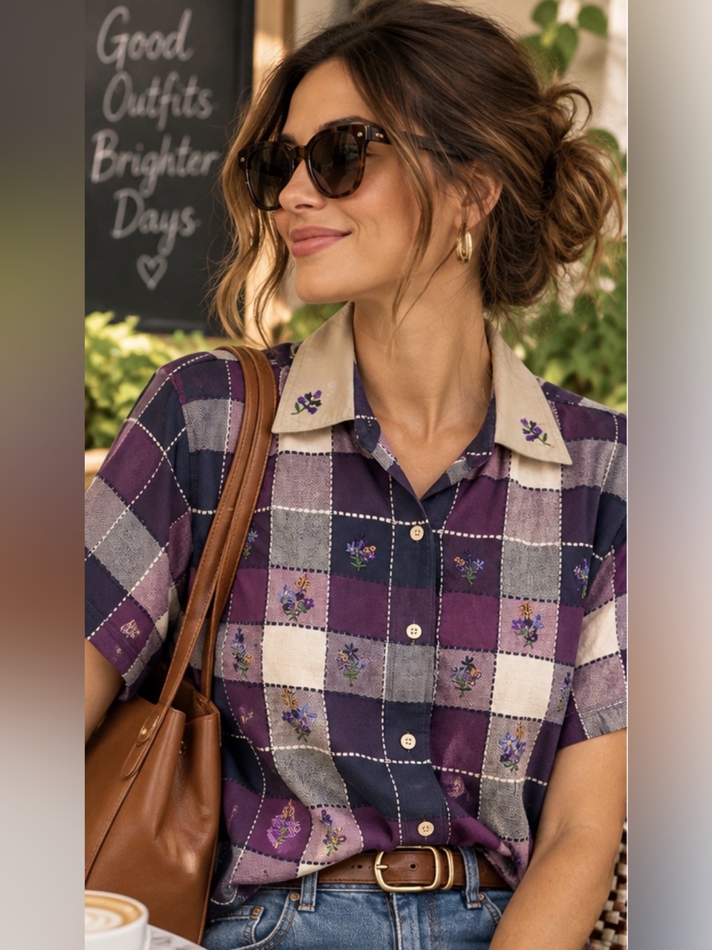 Bobbie Brooks Purple Plaid Floral Embroidered Cotton Button Up Shirt L 12/14